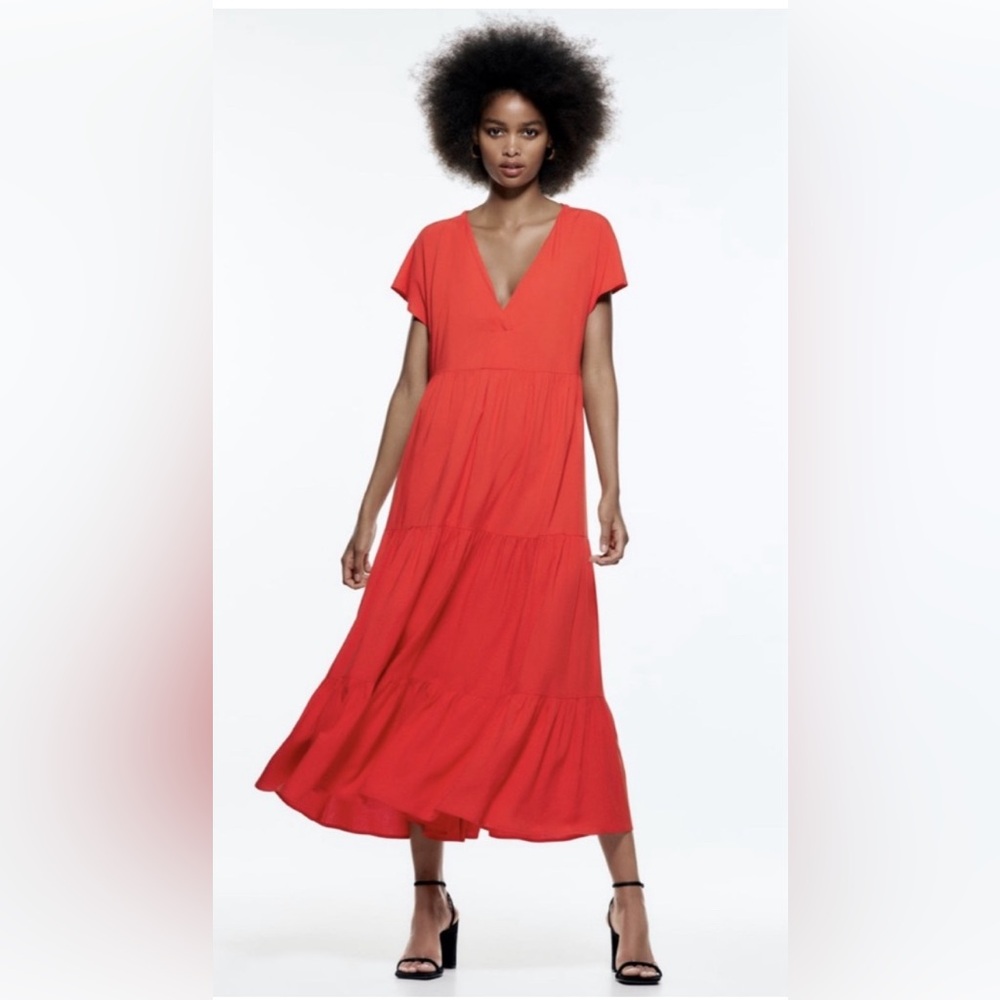 ZARA Midi Linen Blend Tiered Orange Summer Spring V Neck Dress Womens Medium